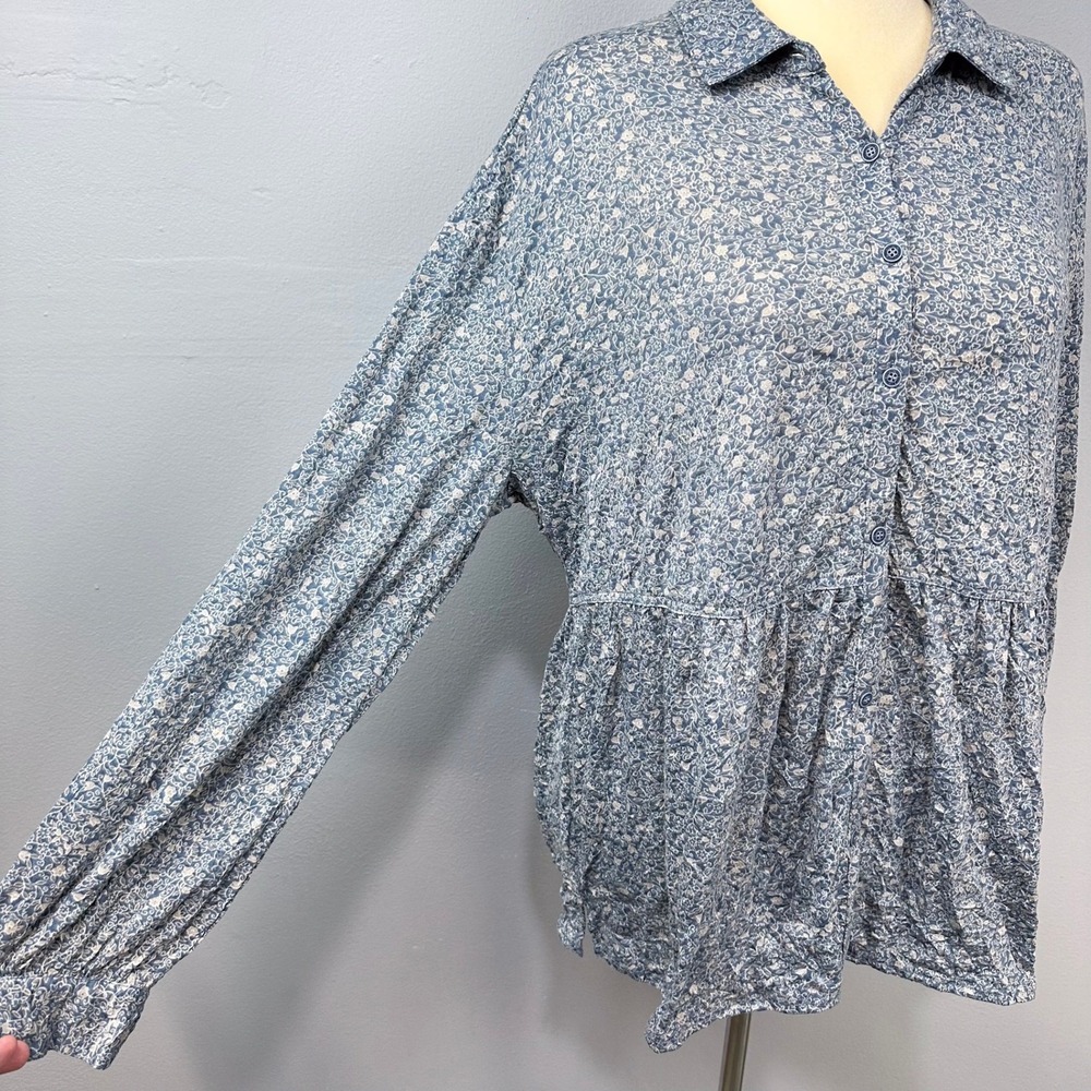 Frye Long Sleeve‎ Top Sz L Monica Floral Boho Dusky Blue Babydoll Crinkle Tunic - Picture 3 of 12